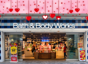 Bath & Body Works store with a Valentine's Day background