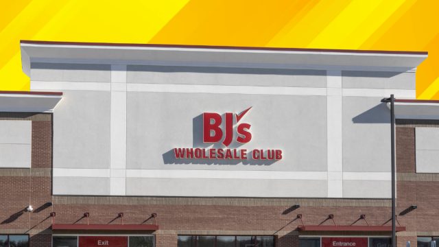 BJ's Wholesale Club store with a yellow background