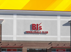 BJ's Wholesale Club store with a yellow background