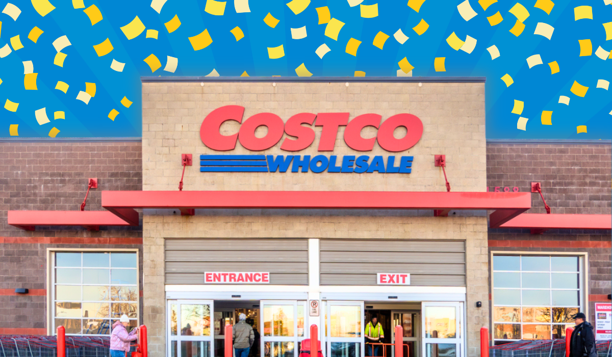 Costco store with a blue confetti background
