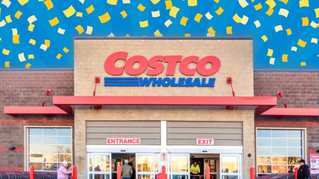 Costco store with a blue confetti background