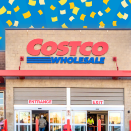 Costco store with a blue confetti background
