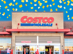 Costco store with a blue confetti background