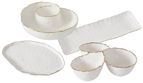 white and gold serving pieces