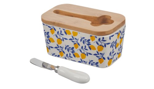 blue and yellow lemon butter dish