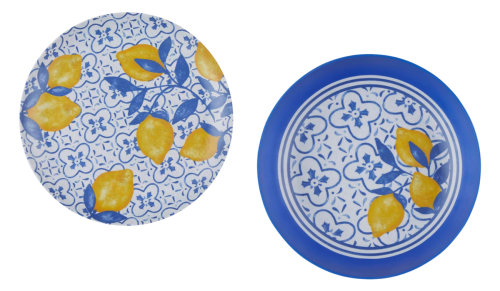 blue and yellow lemon plates