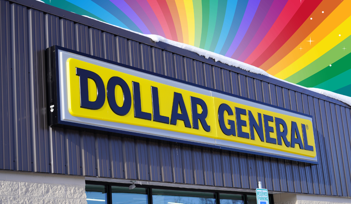 Dollar General store with a rainbow background