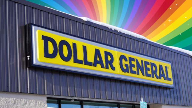 Dollar General store with a rainbow background