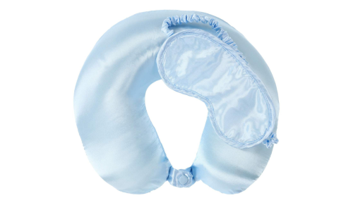 light blue satin neck pillow and eye mask
