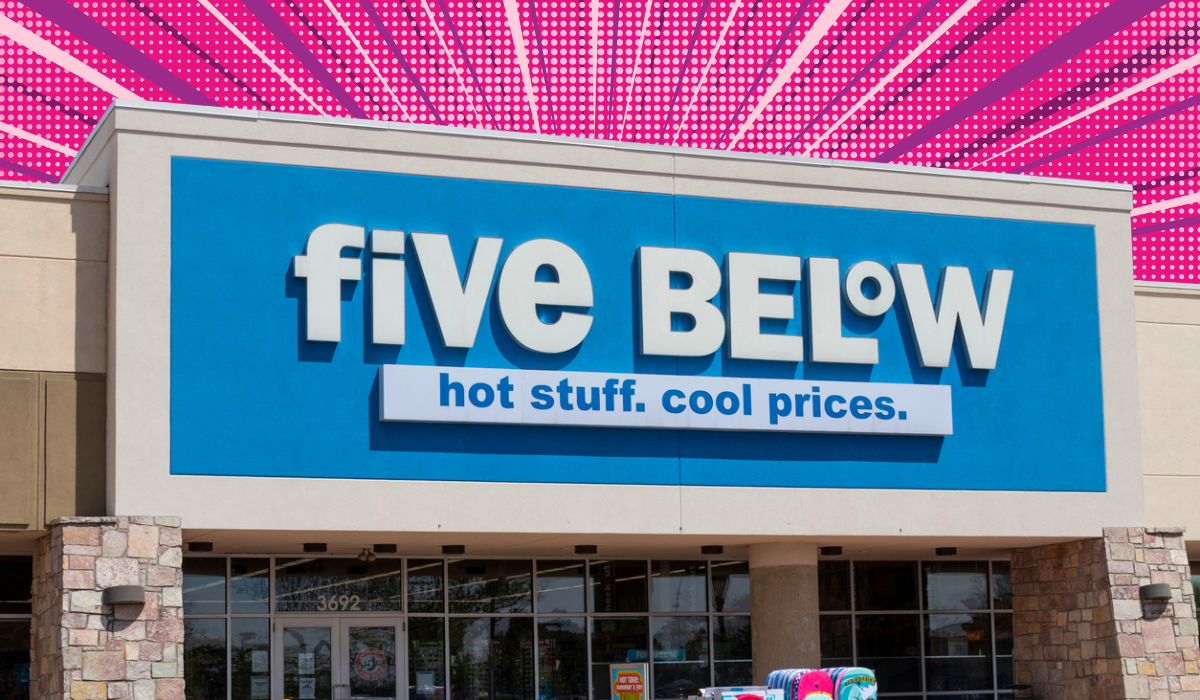 Five Below store with a bright pink background