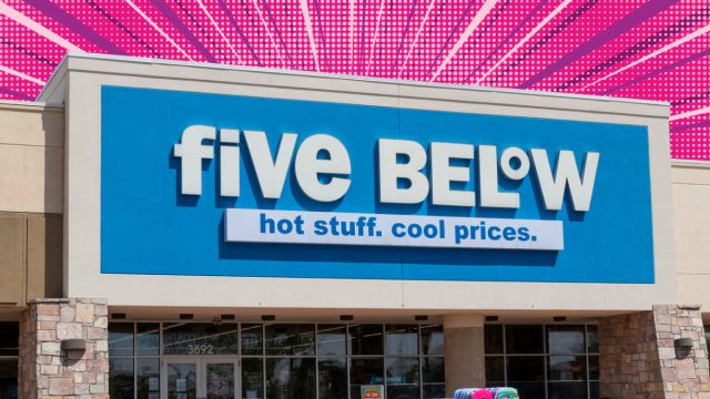 Five Below store with a bright pink background