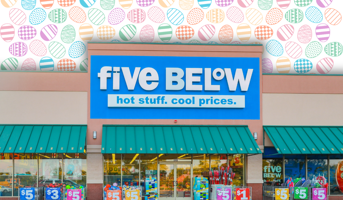 Five Below store with an Easter egg background