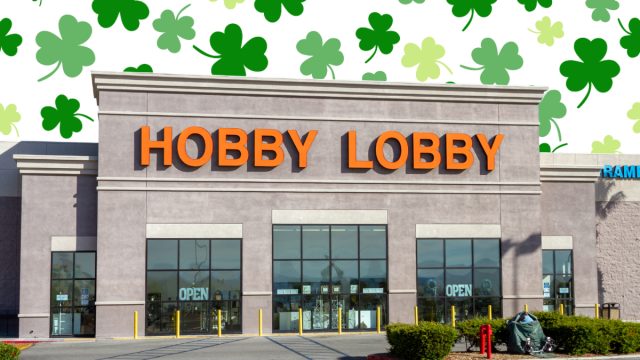 Hobby Lobby store with a St. Patrick's Day background