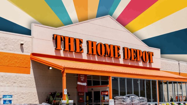 Home Depot store with a color burst background