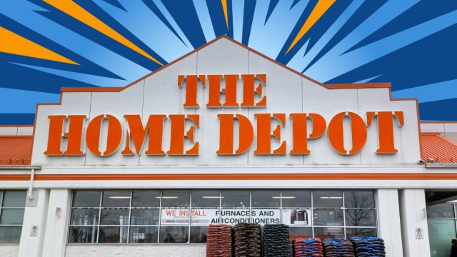 A Home Depot storefront with a blue and orange design in the sky above it