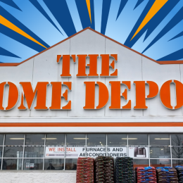 A Home Depot storefront with a blue and orange design in the sky above it