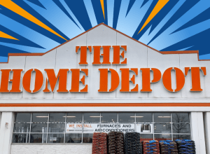A Home Depot storefront with a blue and orange design in the sky above it