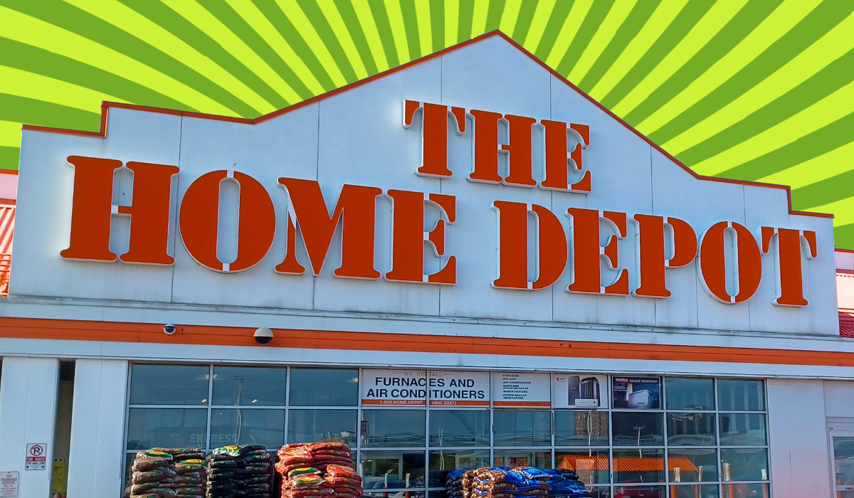 Home Depot store with a green background