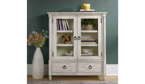 white distressed wood curio cabinet