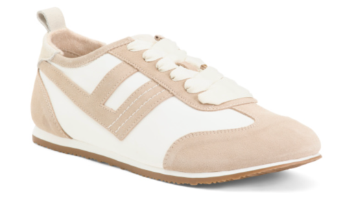 beige and white sneakers