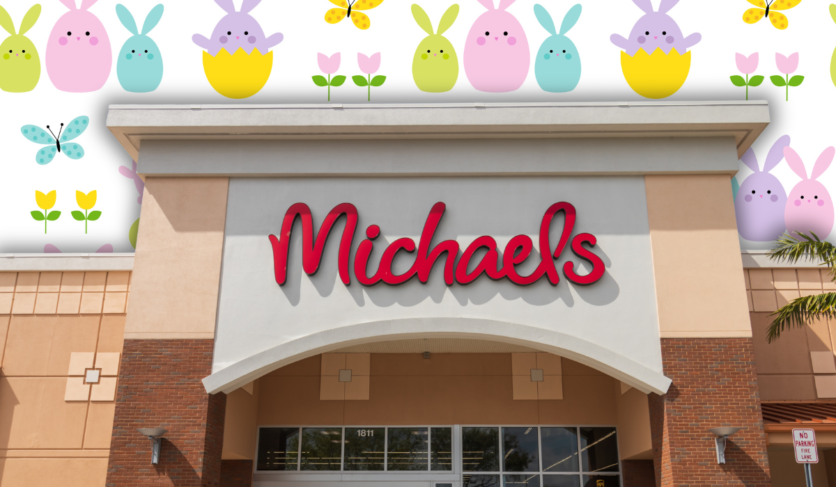 Michaels store with an Easter egg and chick background