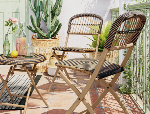 beige and black wicker outdoor dining set