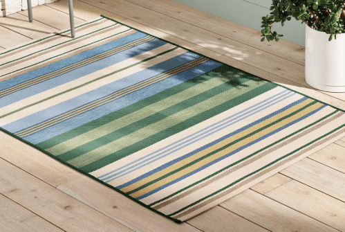 blue and white striped rug