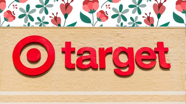 Sign on a Target store with a red floral background
