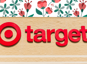 Sign on a Target store with a red floral background
