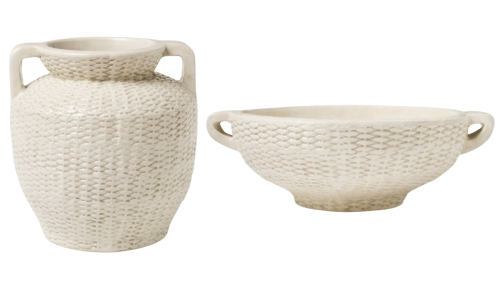 cream colored textured ceramic vase and bowl