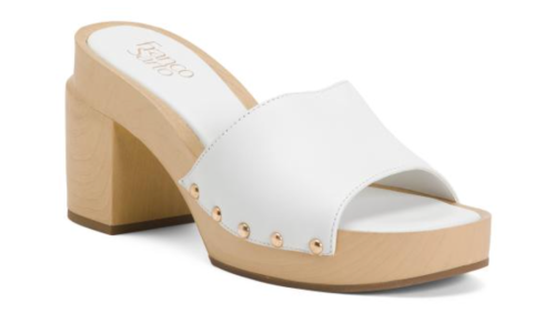 white wooden clog heel sandals