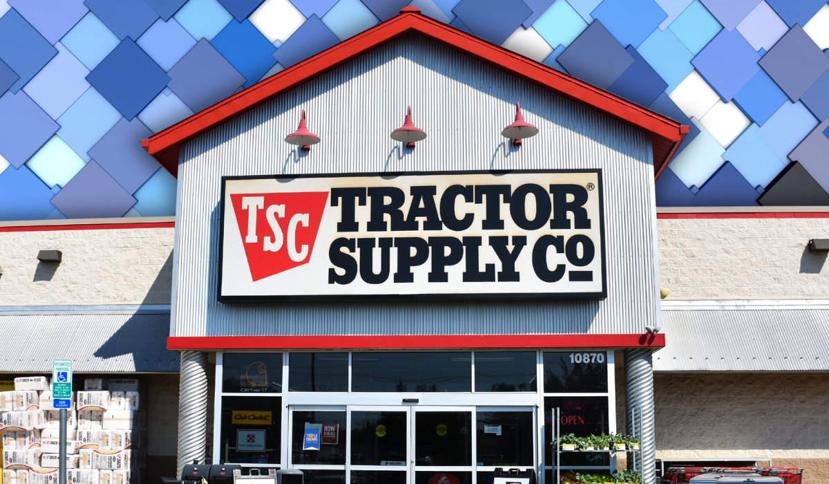 Tractor Supply store with a blue squares background