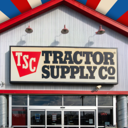 Tractor Supply store with a red, white, and blue background