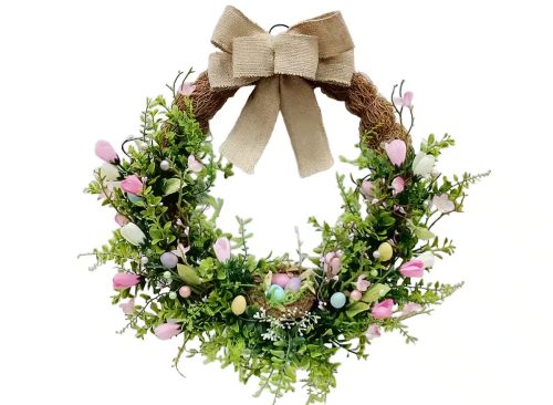 20" Natural Bow, Speckled Egg & Pastel Tulip Wreath with Nest by Ashland®