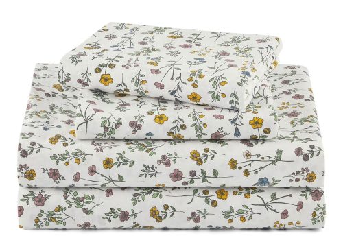 Beautiful Botanical 4-Piece 100% Cotton Washed Percale White Sheet Set, Queen by Drew Barrymore
