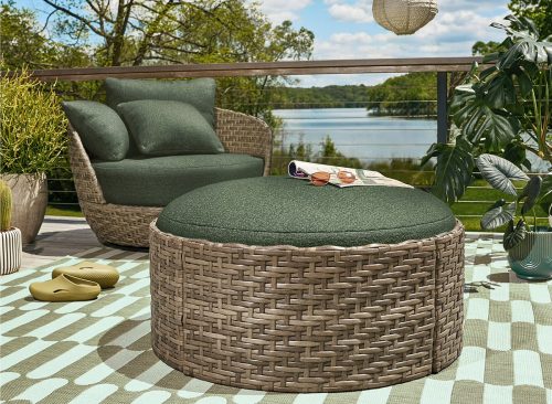 Beautiful Wicker Reversible-Top Outdoor Ottoman and Coffee Table with Cover by Drew Barrymore, Brown/Thyme