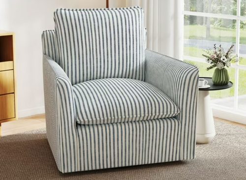 Bonzy Home 360° Swivel Chair with Thick Cushion – Blue Stripe Fabric Accent Chair for Living Room, Bedroom, Office – Fully Assembled