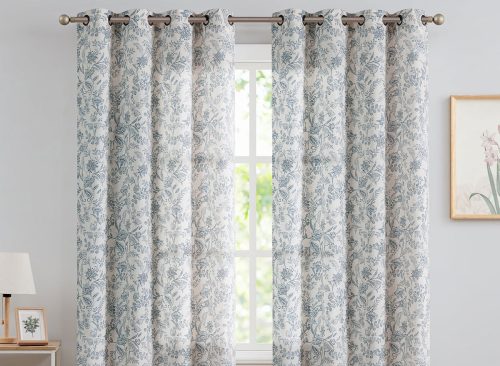 Curtainking Floral Curtains Linen Farmhouse Curtains for Living Room 84 inch Country Curtains Grommet Top Semi Sheer Curtains Light Filtering 2 Panels Blue on Beige