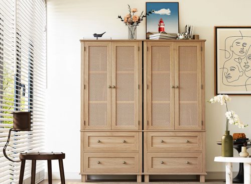 Homfa Rattan Cabinet with Doors, Tall Storage Cabinet with 2 Drawers