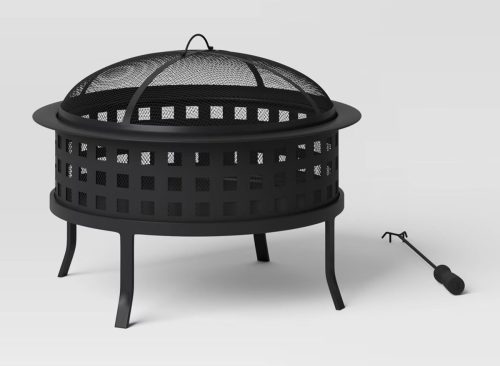Metal Lattice Wood Burning Round Outdoor Fire Pit Black - Threshold™: Rust-Resistant Steel, Mesh Sides, Angled Legs