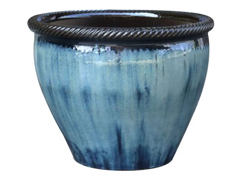 allen + roth Round 9.6-in W x 9.6-in L Blue Glazed ceramic Indoor/Outdoor Planter
