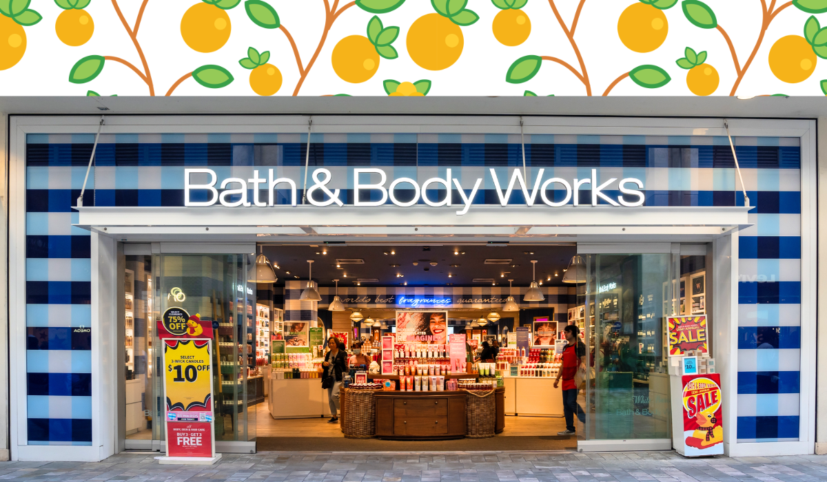 Bath & Body Works storefront with an orange fruit background