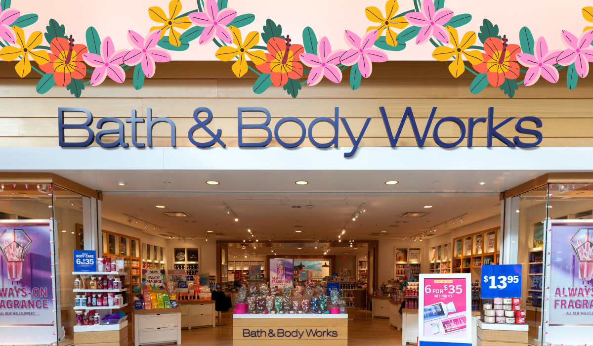 Bath & Body Works store with a tropical flower border