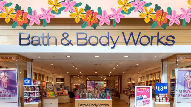 Bath & Body Works store with a tropical flower border