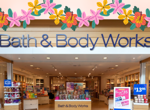 Bath & Body Works store with a tropical flower border