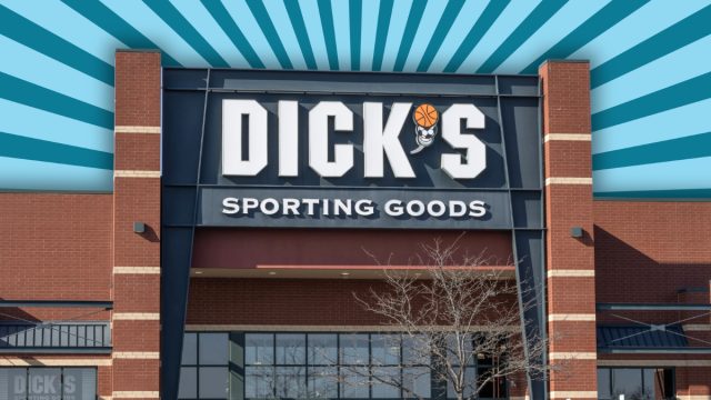 Dick's Sporting Goods store with a blue and gray striped background