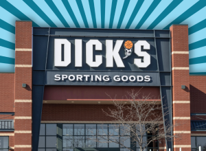 Dick's Sporting Goods store with a blue and gray striped background
