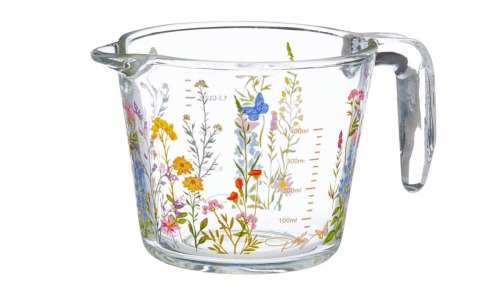 floral glass measuring cup