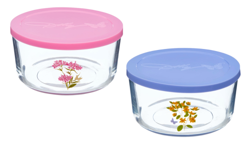 pink and blue glass food storage containers