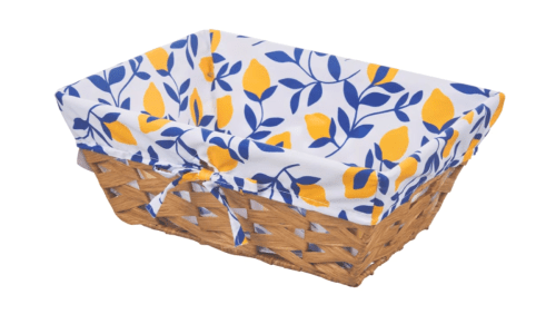 blue and yellow lemon fabric-lined woven bread basket